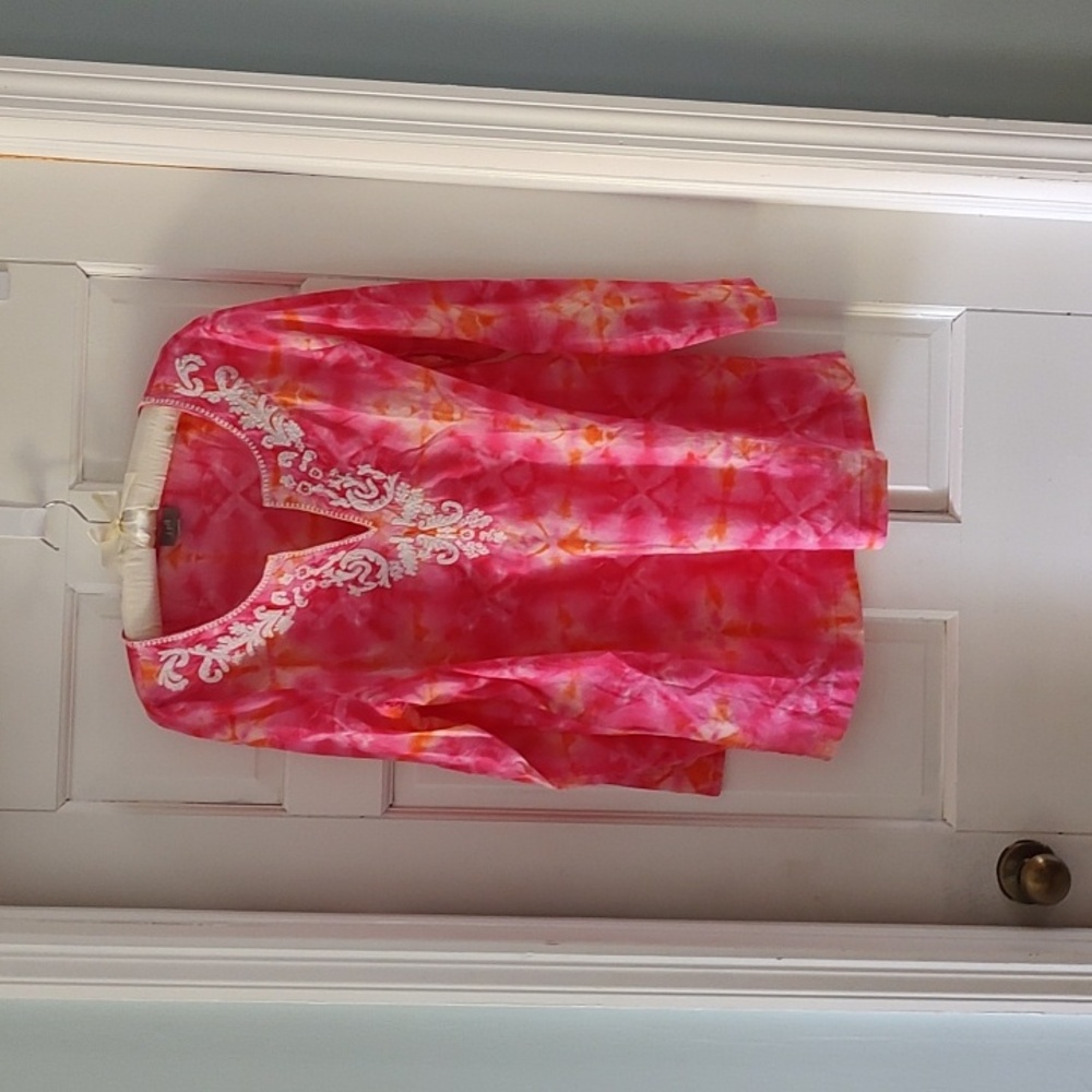 J. Jill Large Petite Embellished neck pink orange long sleeved tunic.